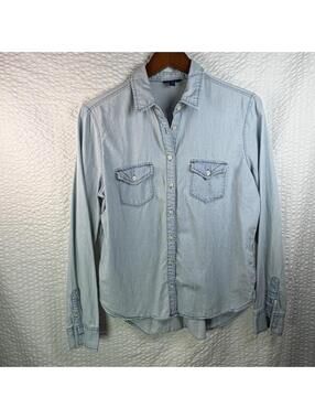 Aeropostale Button Up Shirt Women's Long Sleeve Blue Chambray Large Y2K Casual